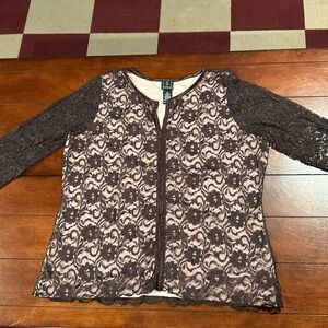 Macy’s INC Sheer Lace 3/4 length Brown pale pink Top Size 1X Early 2000’s